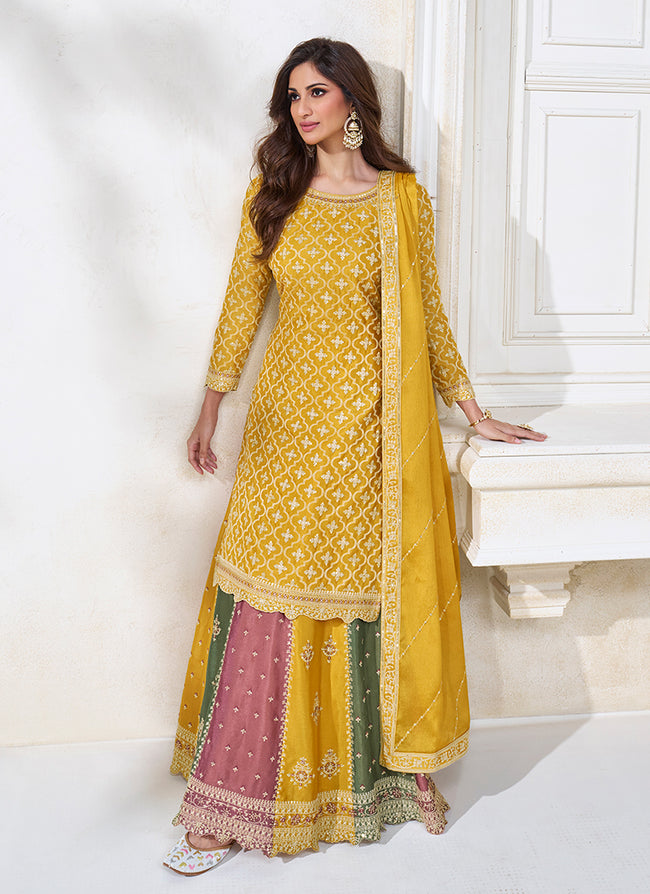 Buy Printed Embroidered Sunny Yellow Sharara Suit Online